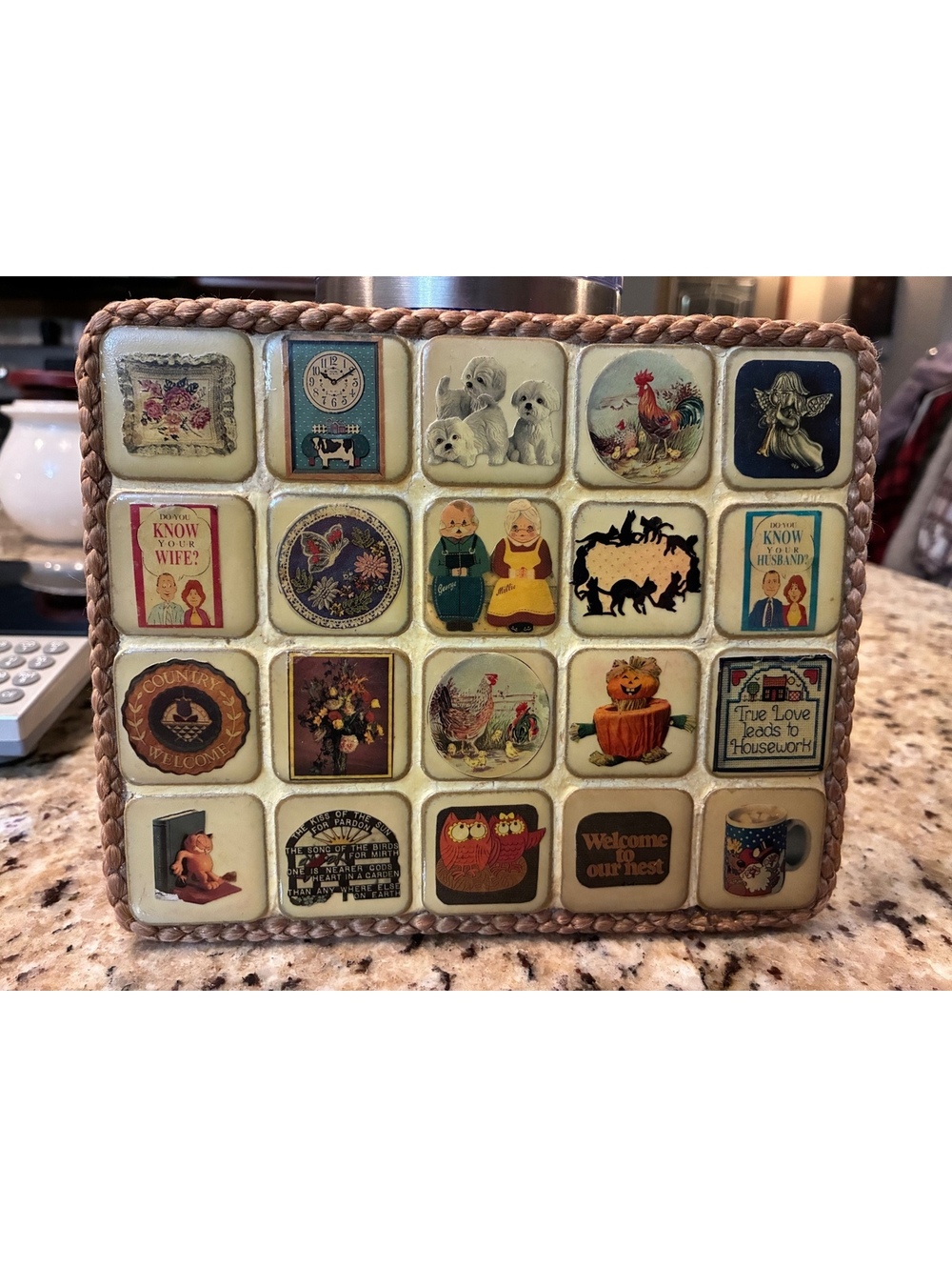 Vintage folk art tile style peg board wall plaque